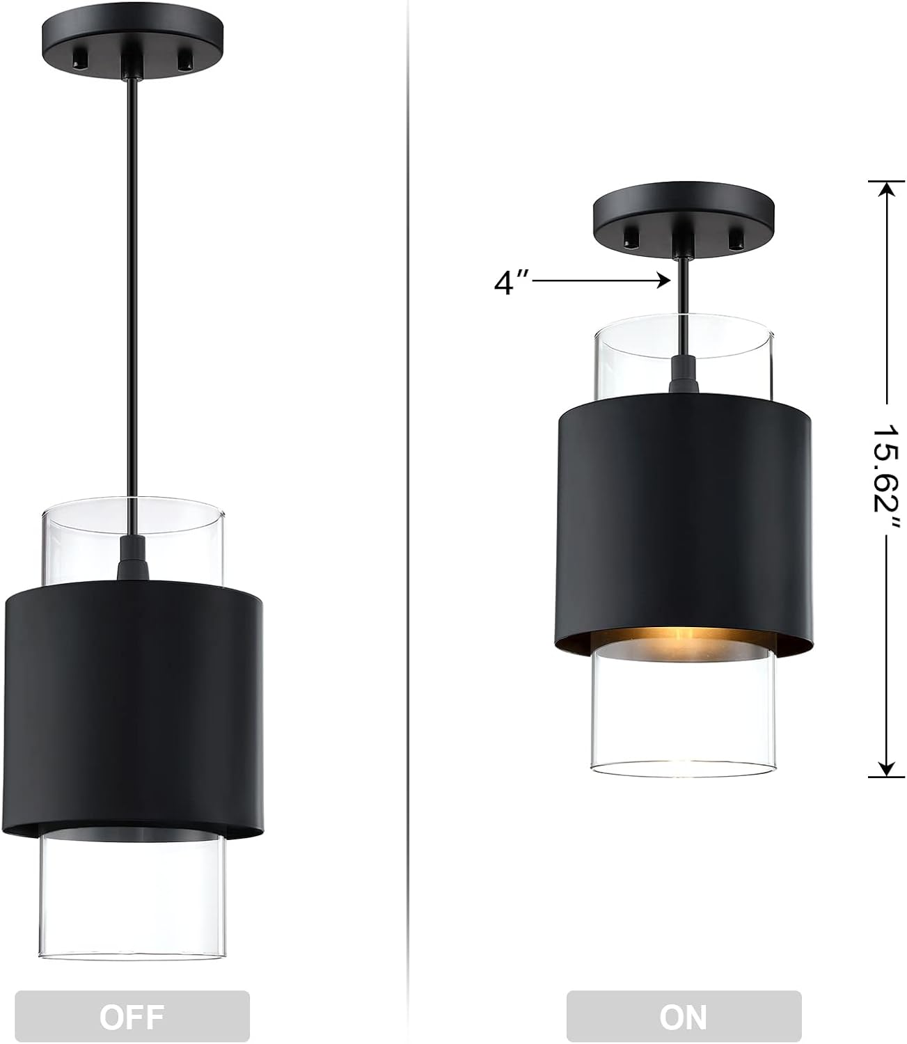 1-Light Glass Drum Pendant Light Black 1 Pack