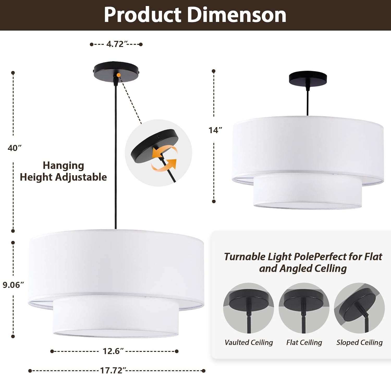 3-Light 2-Tier White Fabric Drum Chandelier