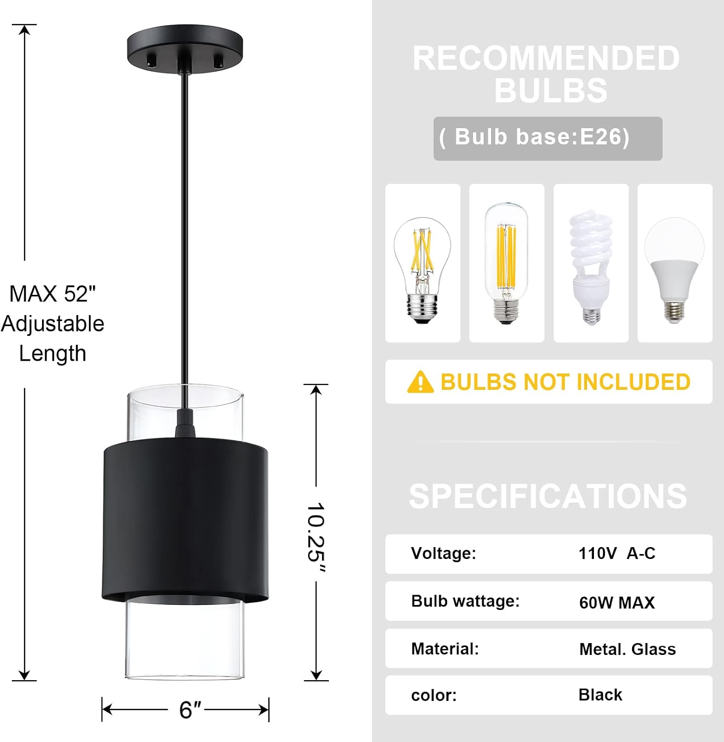 1-Light Glass Drum Pendant Light Black 1 Pack