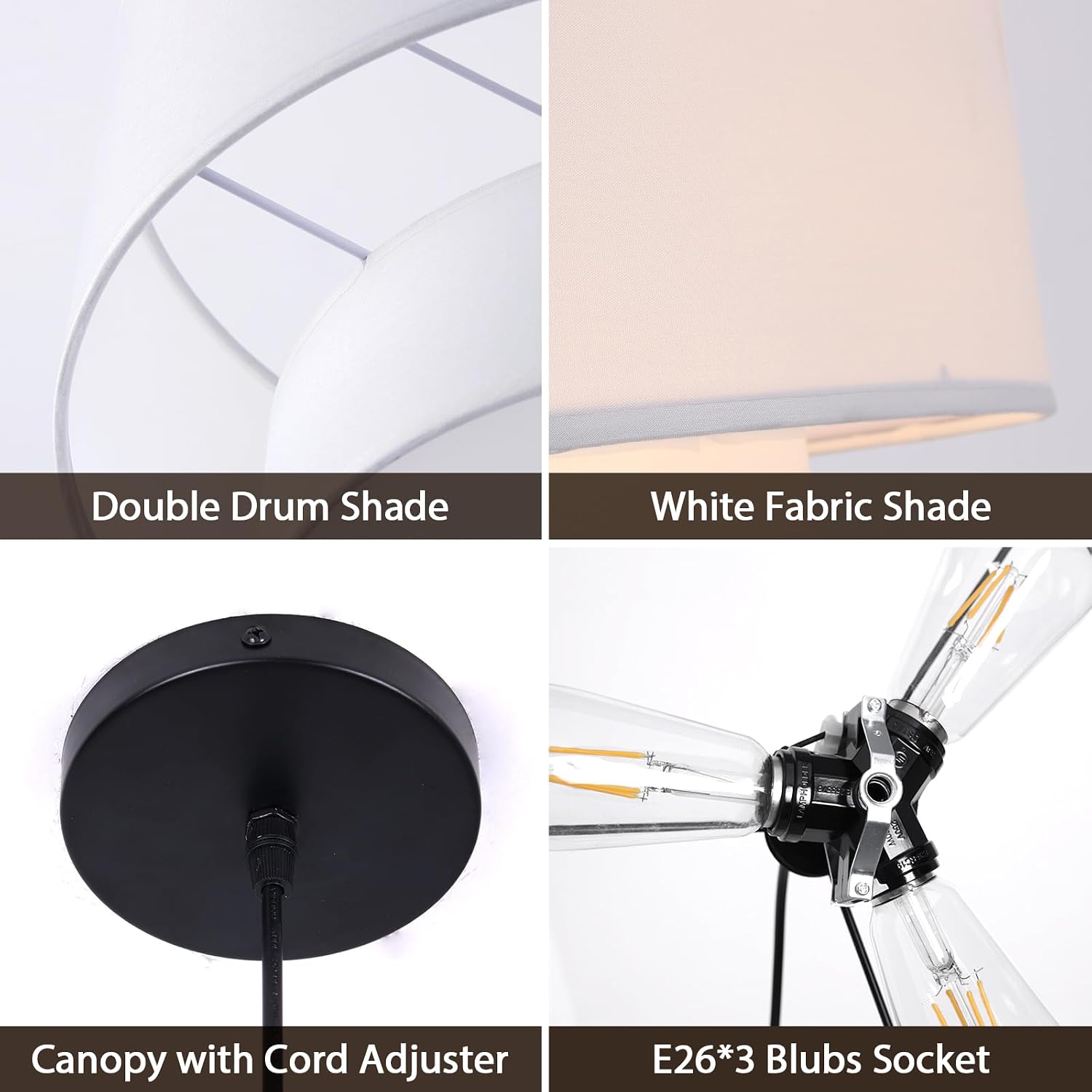 3-Light 2-Tier White Fabric Drum Chandelier