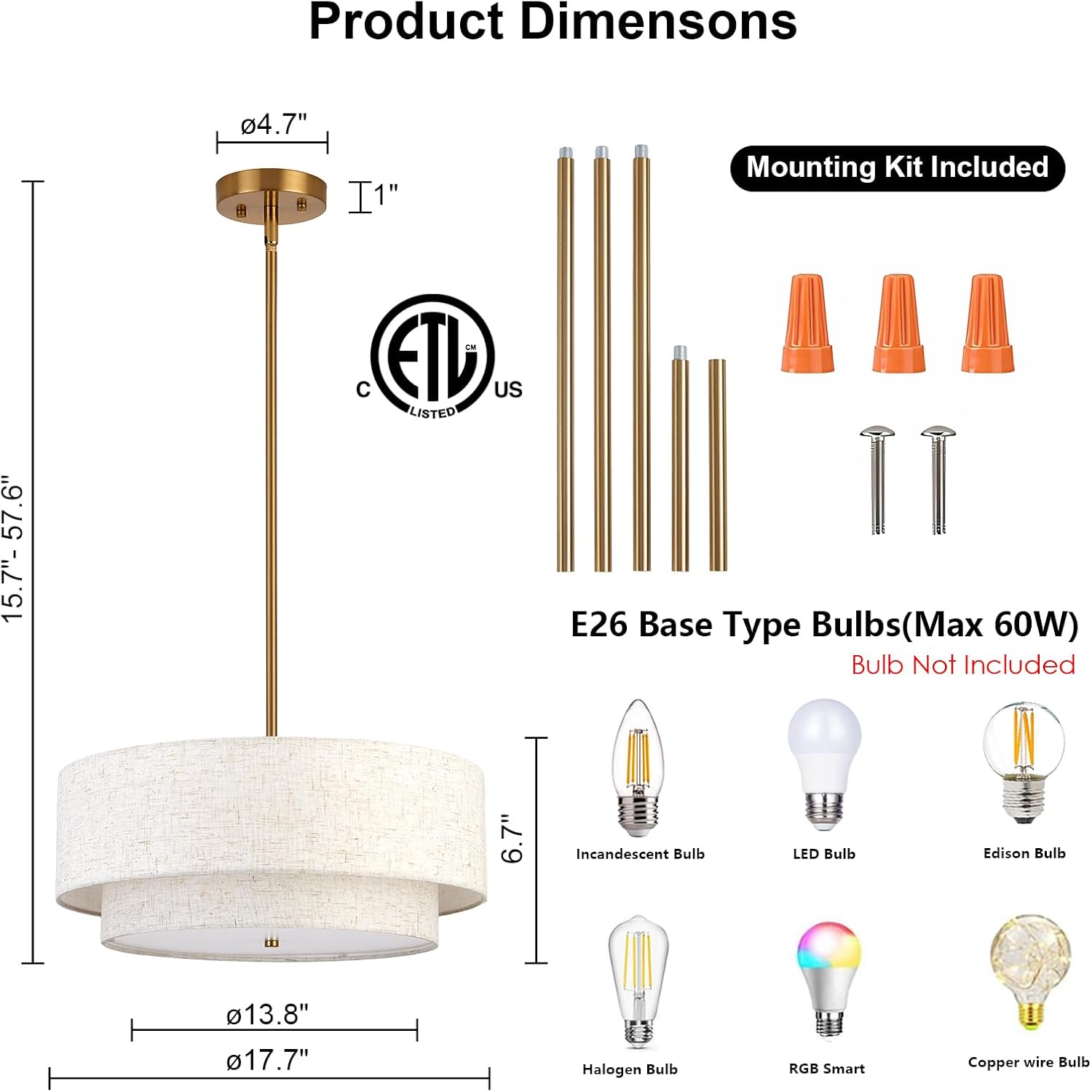 3-Light Fabric Drum Chandelier 18 Inch