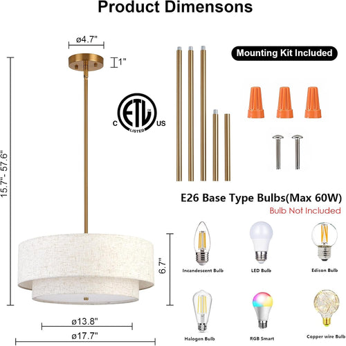 3-Light Fabric Drum Chandelier 18 Inch