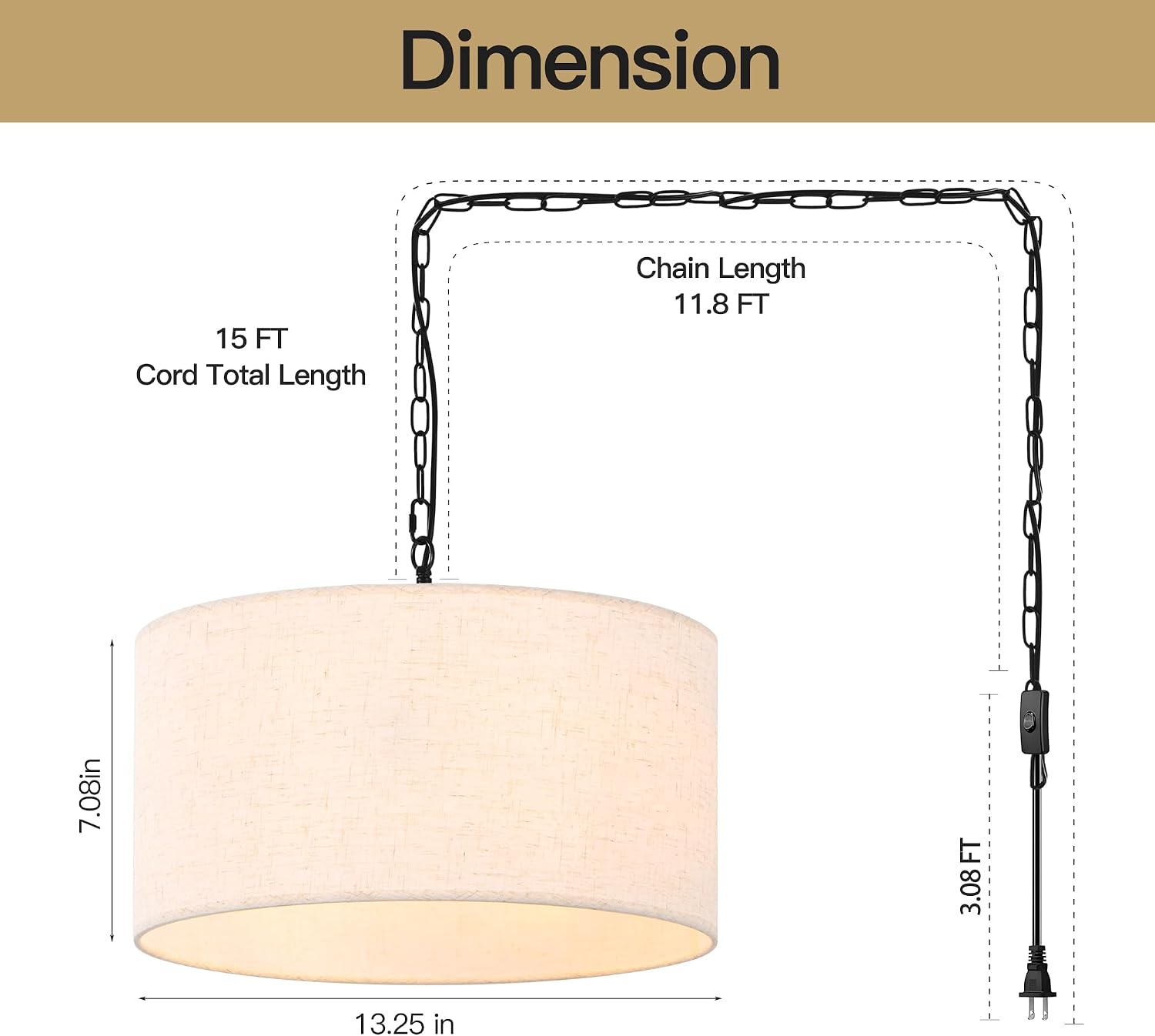 3-Light Linen Drum Plug In Pendant Light
