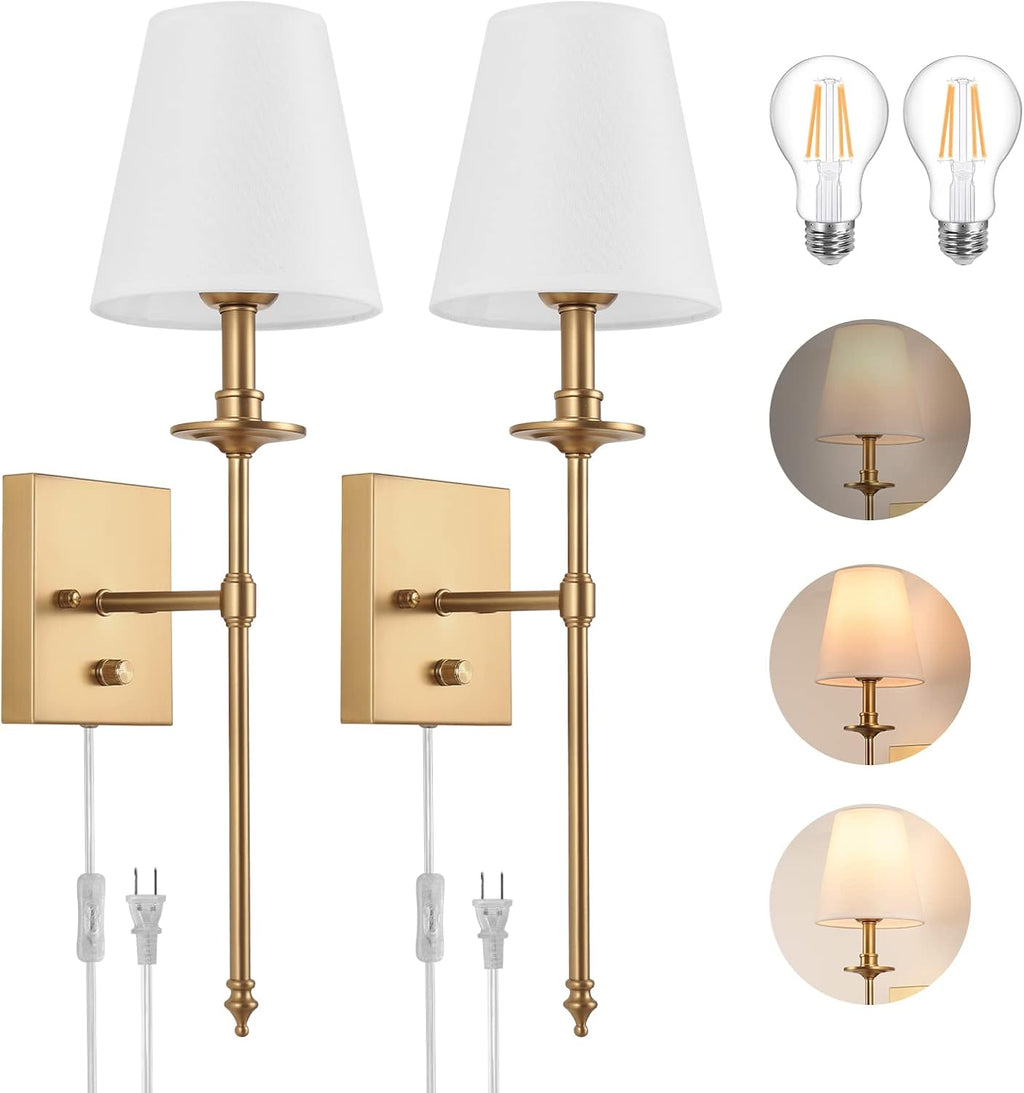 Brass Plug In Wall Sconces Set of Two White Shade