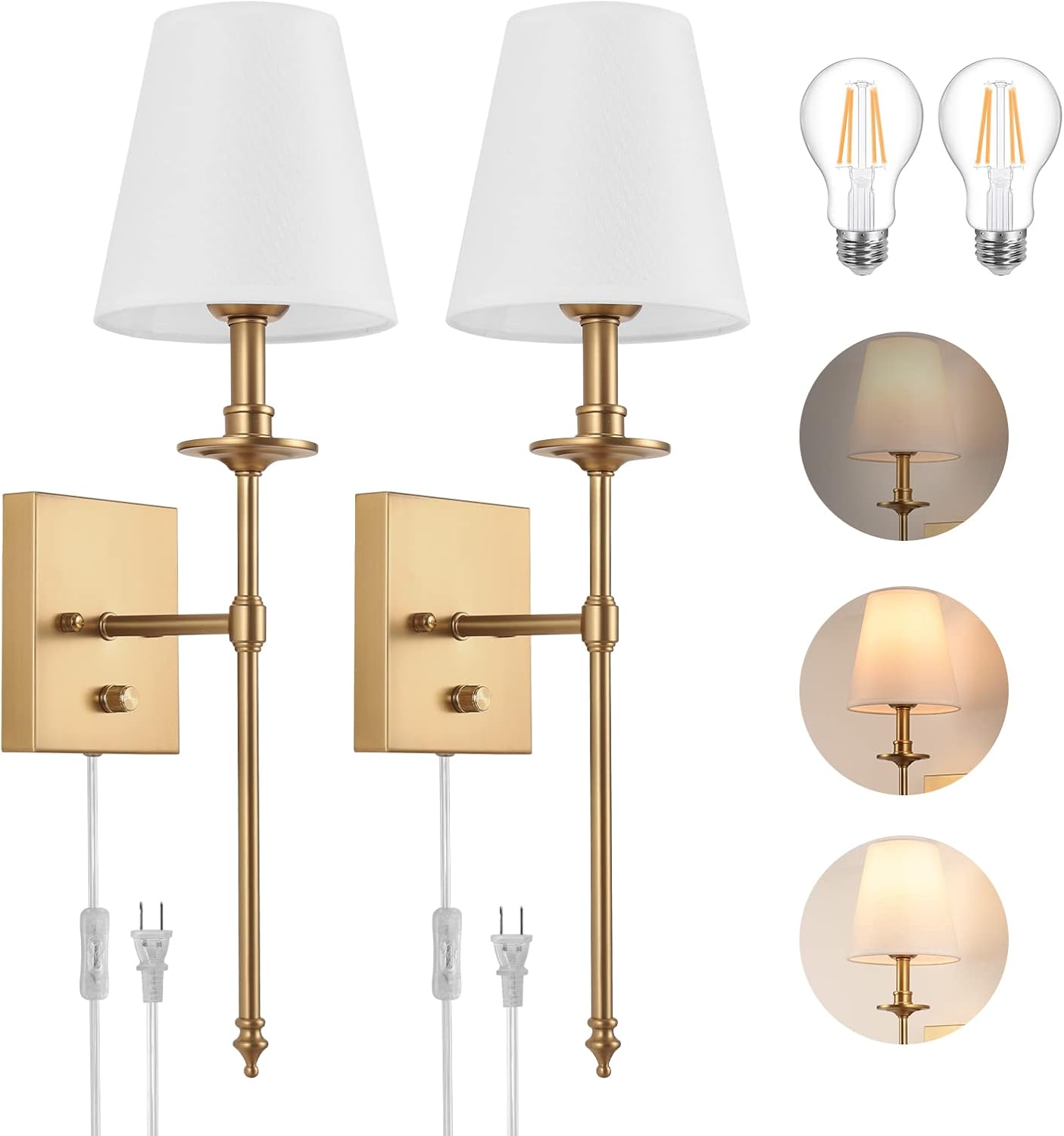 Brass Plug In Wall Sconces Set of Two White Shade