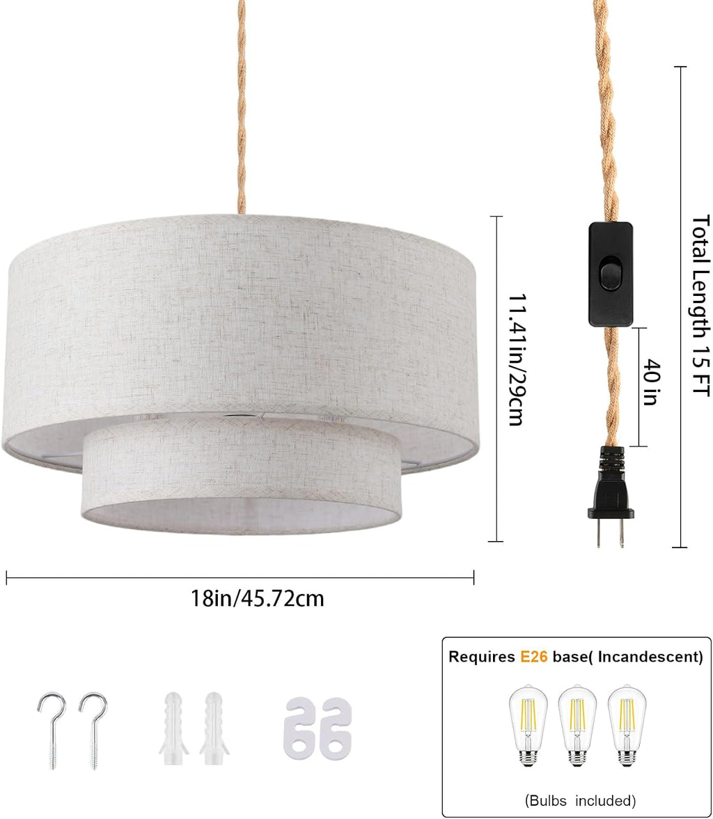 2-Tier Drum Linen Plug In Pendant Light