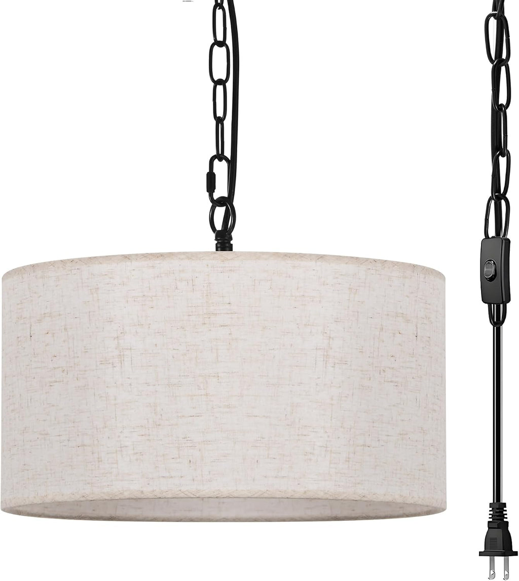3-Light Linen Drum Plug In Pendant Light