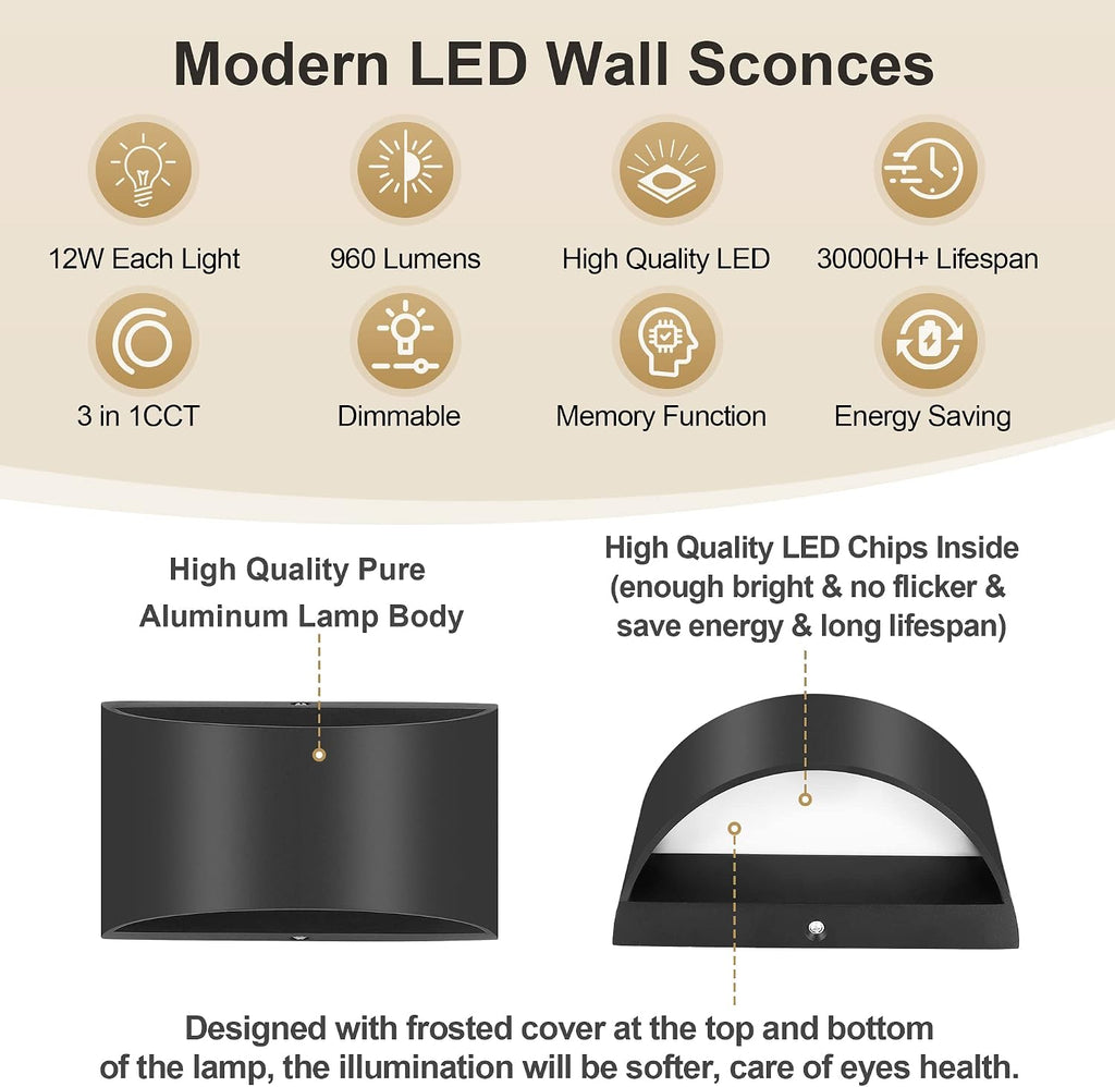 Dimmable LED Wall Sconces Black Set of Two