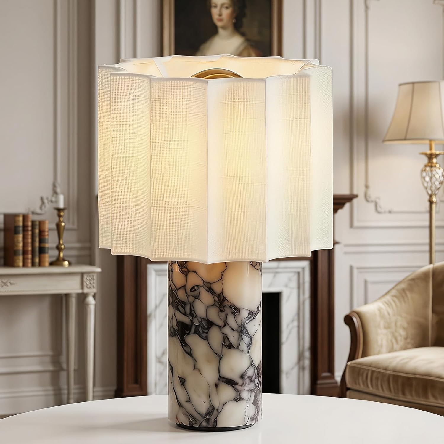 Marble Touch Cordless Table Lamp Linen Shade