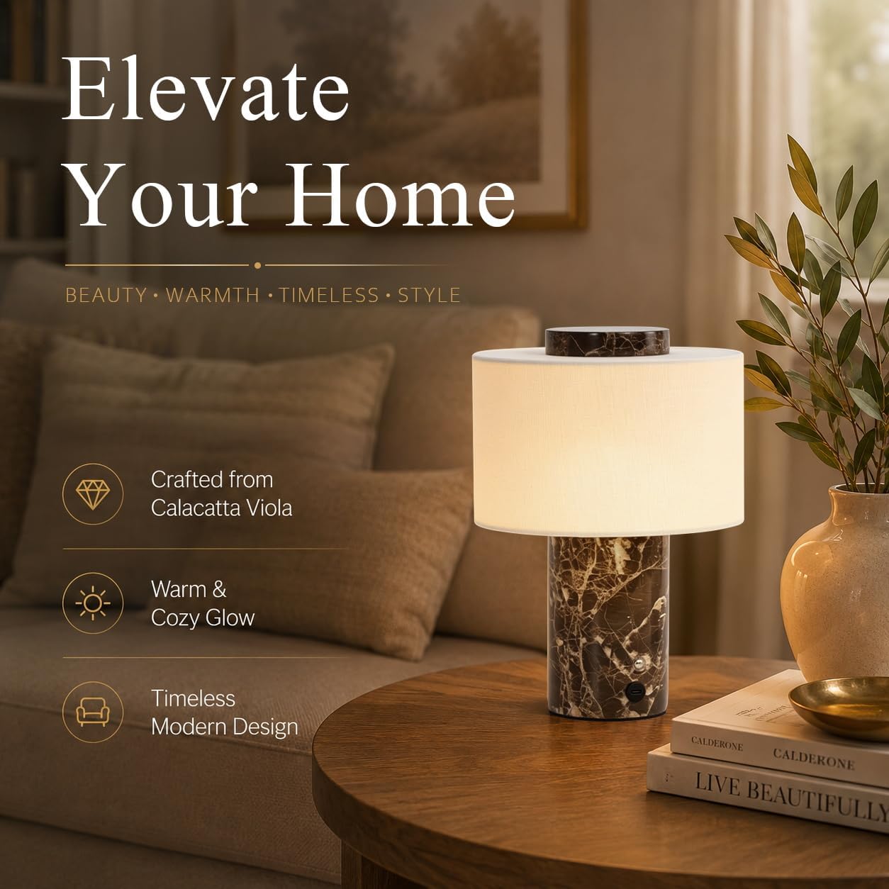 Cordless Marble Touch Table Lamp Dark Brown