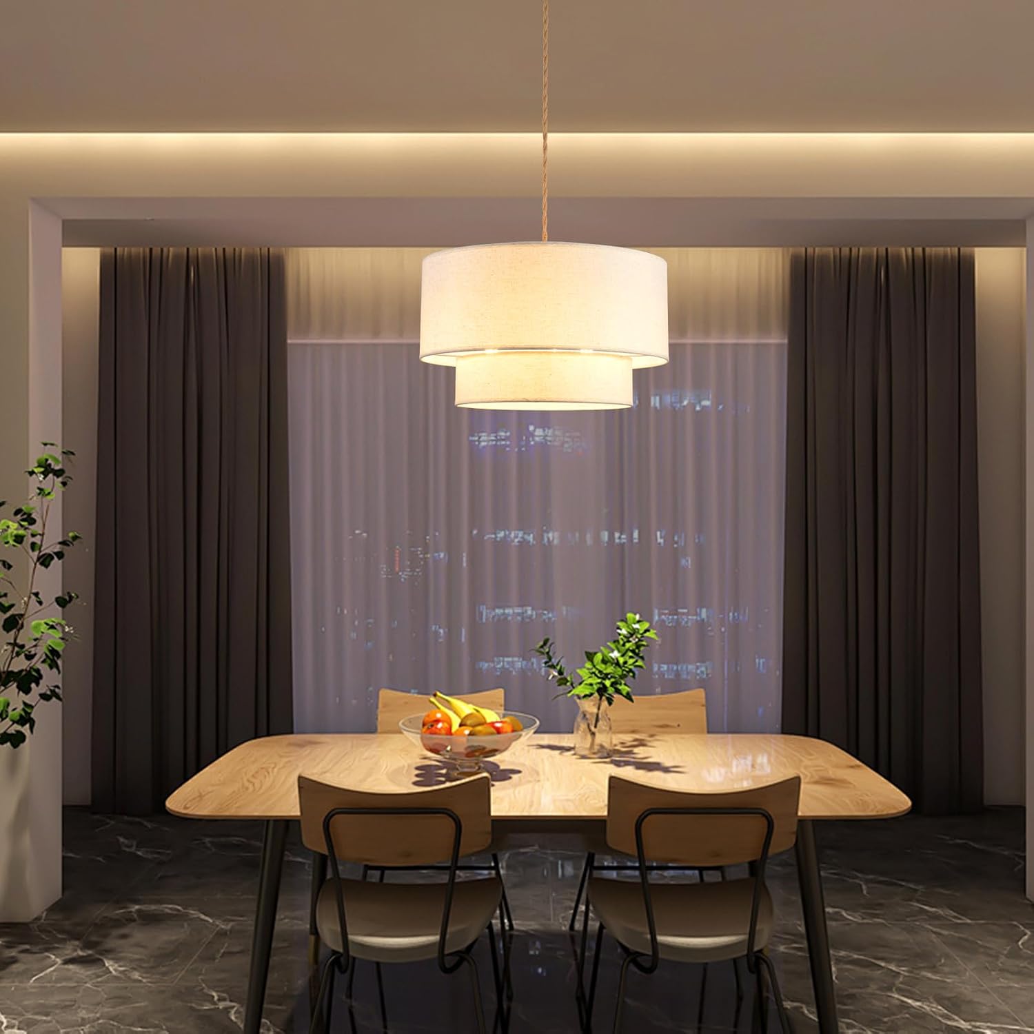2-Tier Drum Linen Plug In Pendant Light