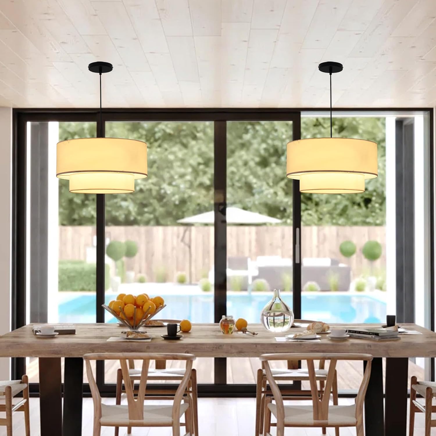 3-Light 2-Tier White Fabric Drum Chandelier