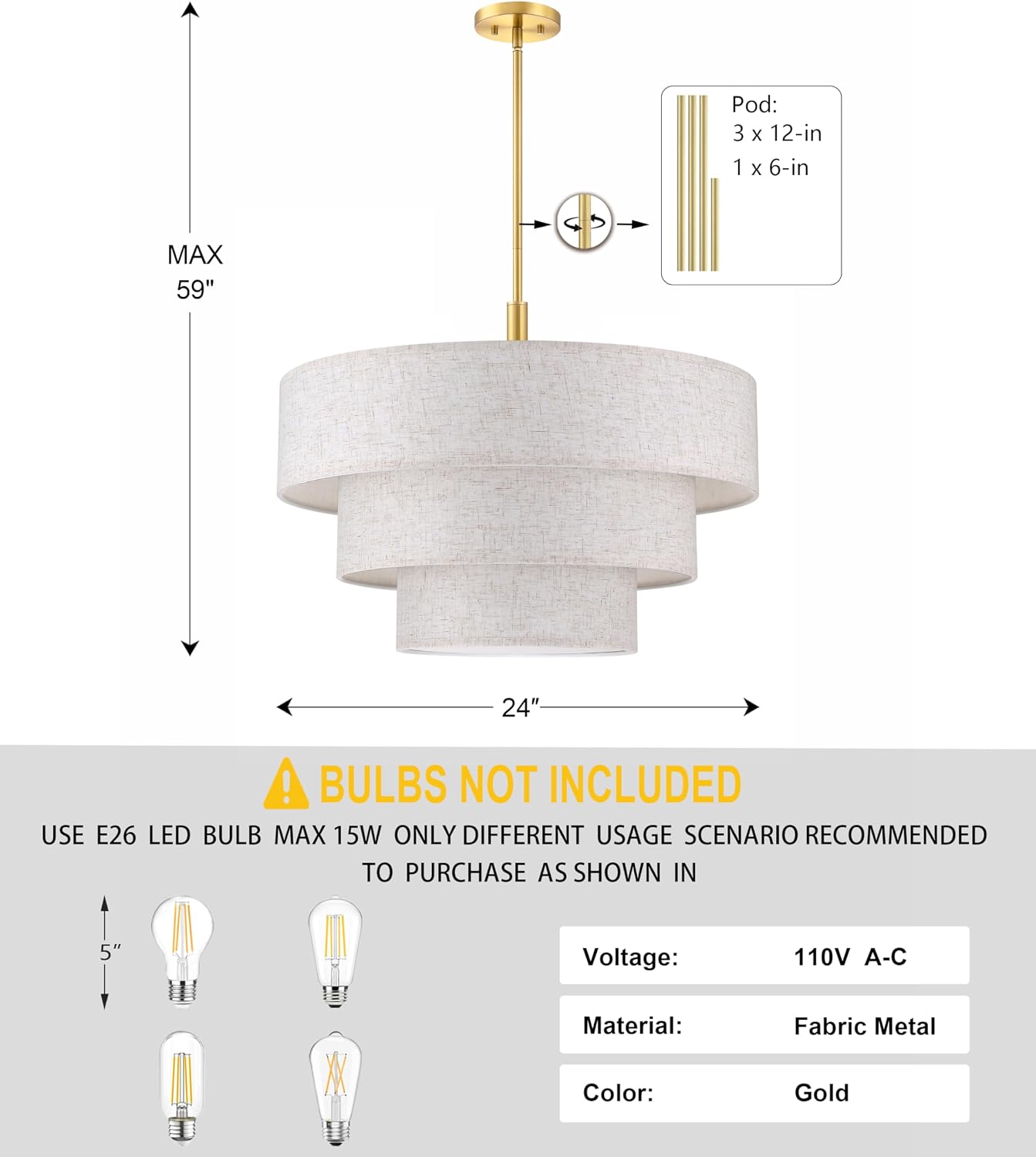 7-Light 3-Tier Cream Linen Drum Pendant Light