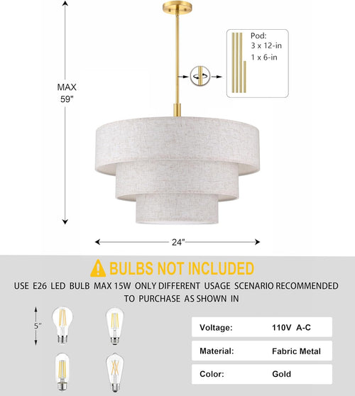 7-Light 3-Tier Cream Linen Drum Pendant Light