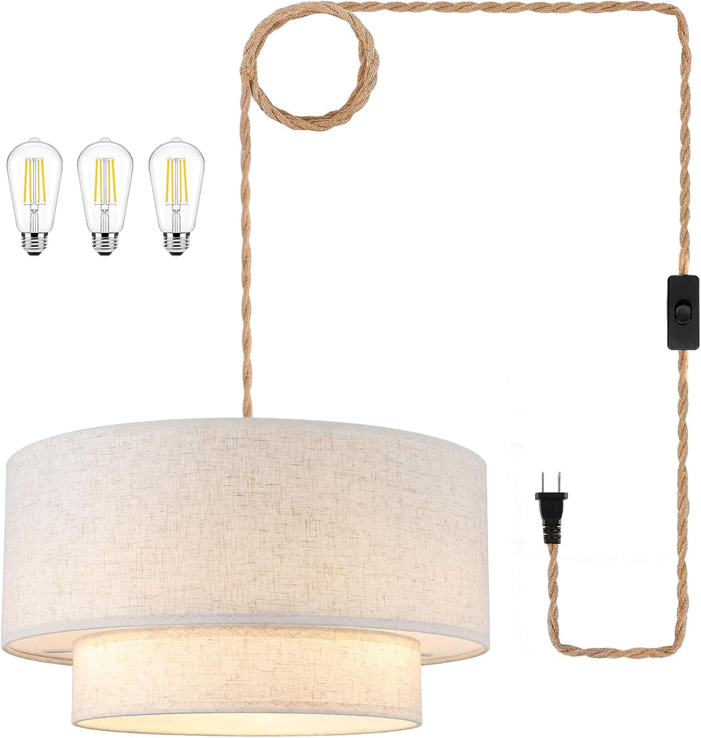 2-Tier Drum Linen Plug In Pendant Light
