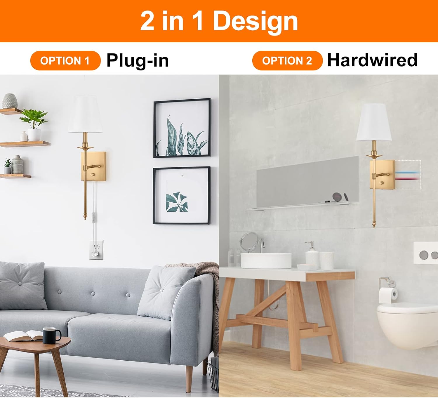 Brass Plug In Wall Sconces Set of Two White Shade