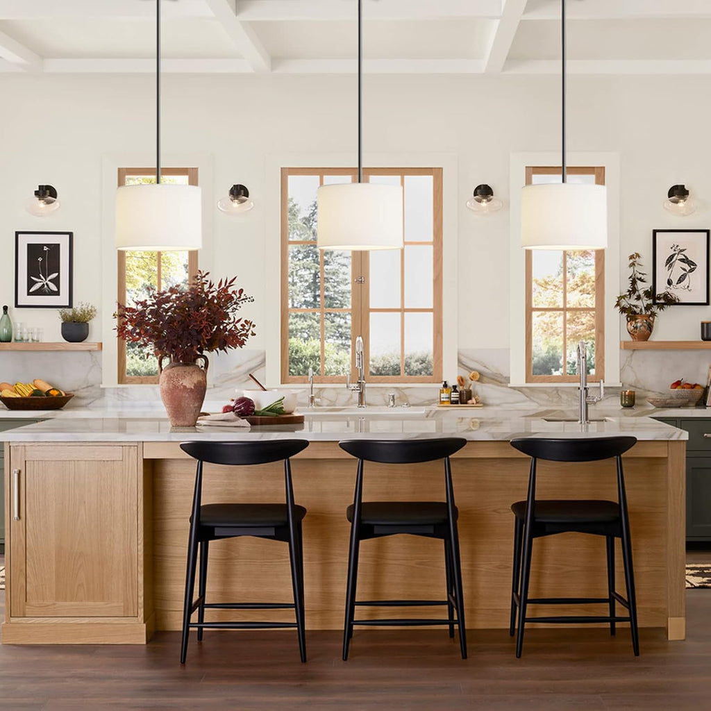 White Linen Drum Pendant Light 2-Pack
