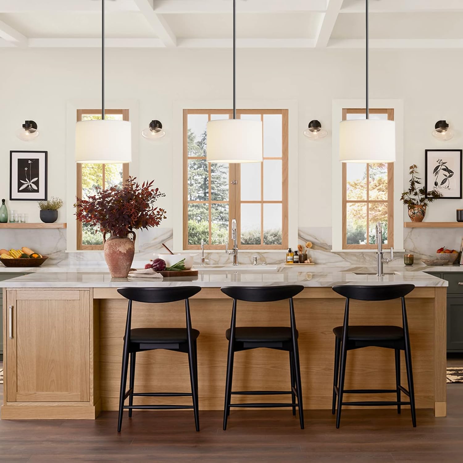 White Linen Drum Pendant Light 2-Pack