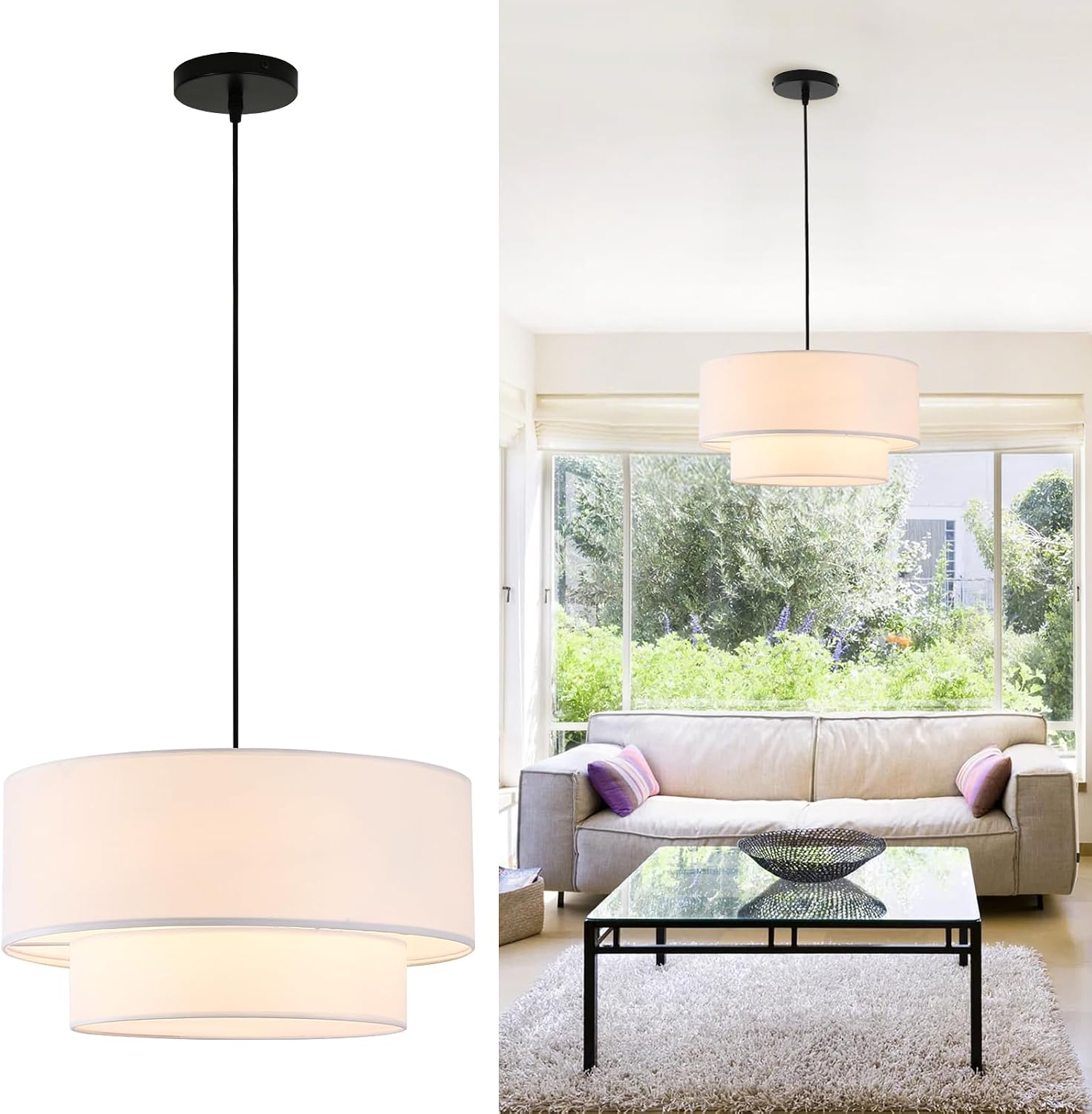 3-Light 2-Tier White Fabric Drum Chandelier