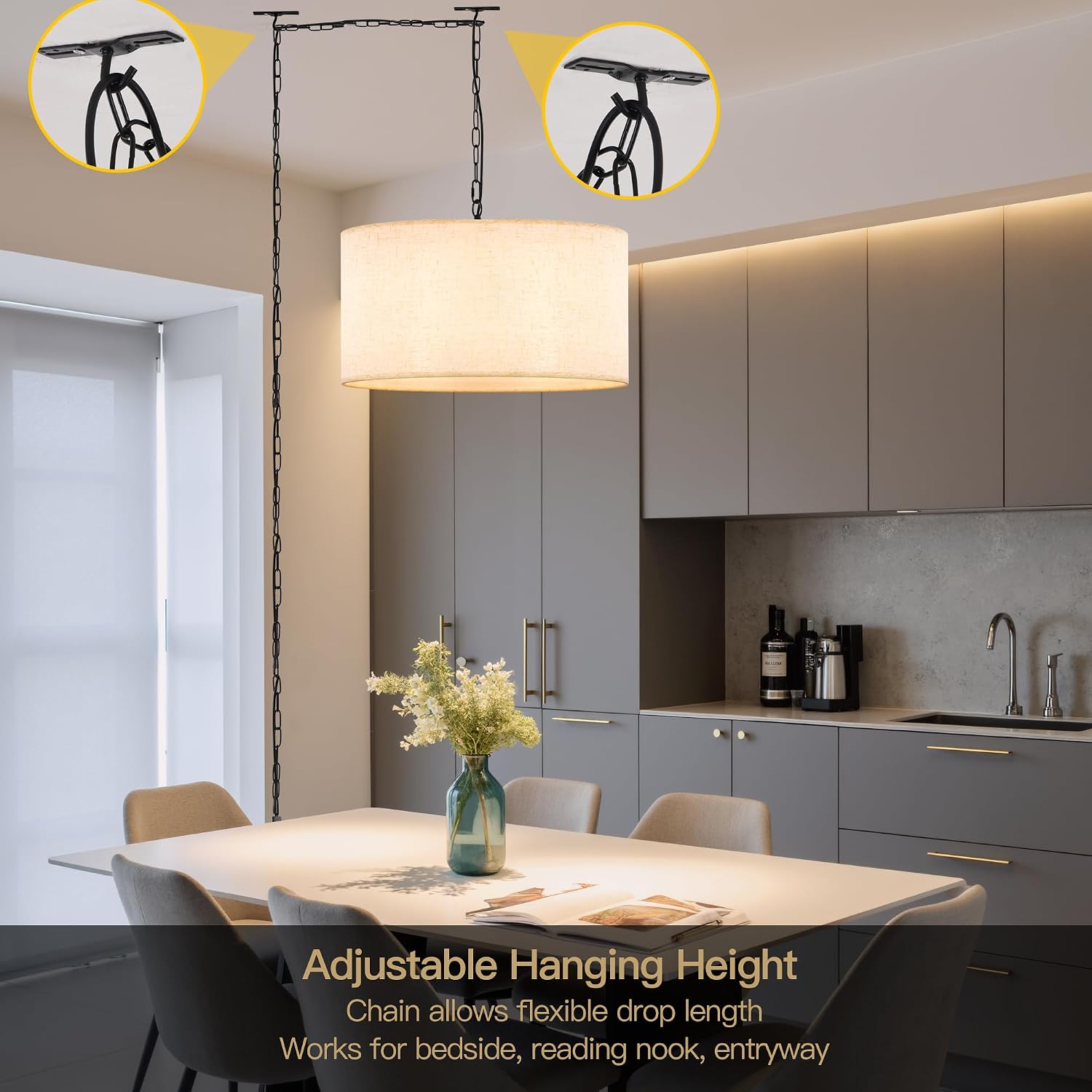 3-Light Linen Drum Plug In Pendant Light