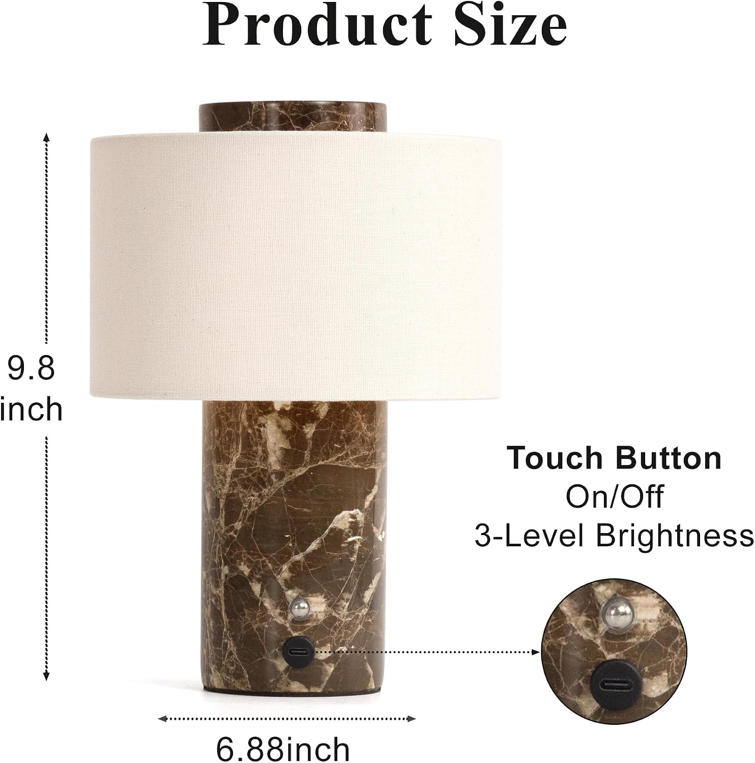 Cordless Marble Touch Table Lamp Dark Brown