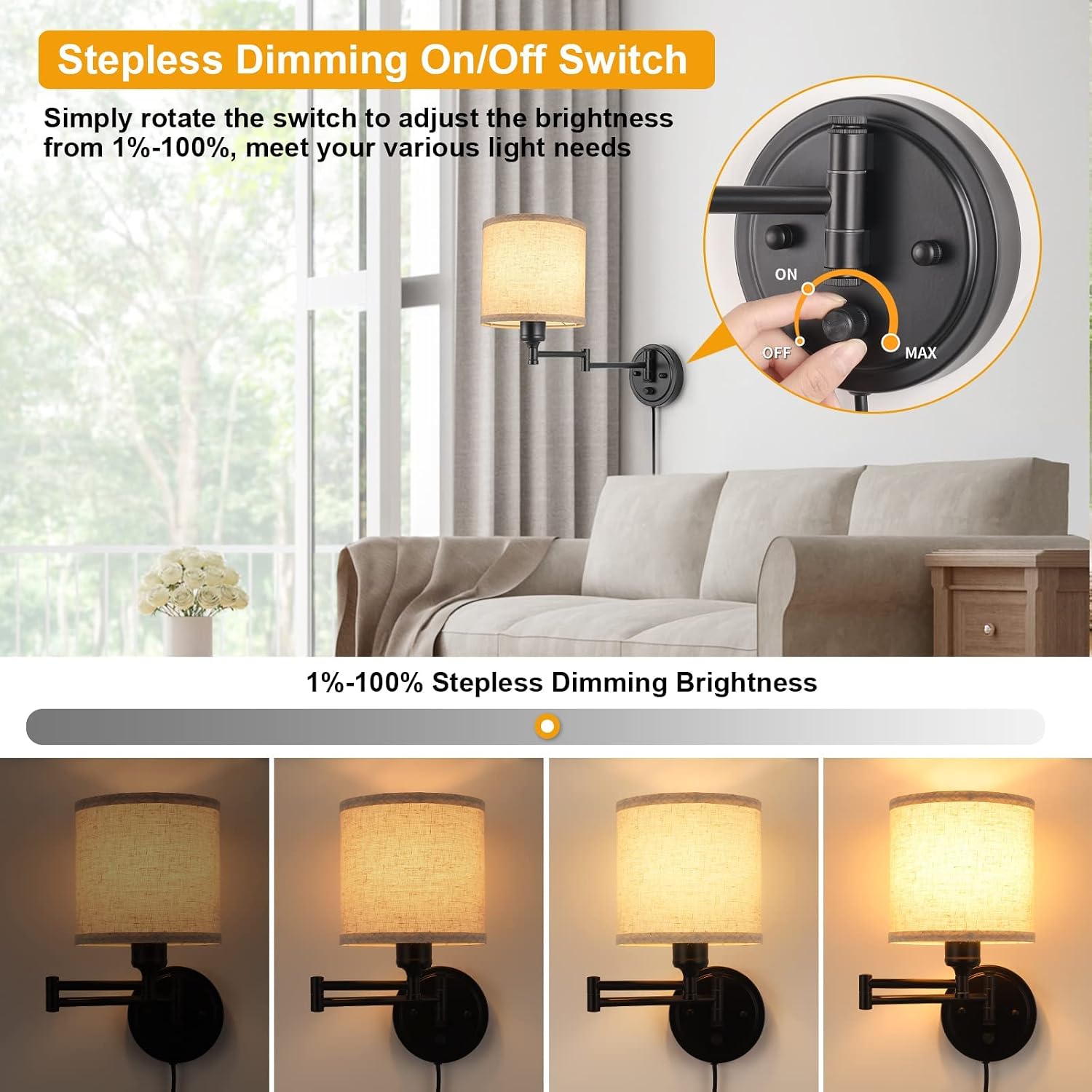 Swing Arm Plug In Wall Sconces Set of Two