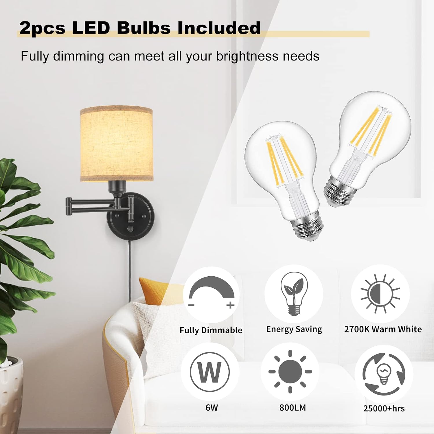 Swing Arm Plug In Wall Sconces Set of Two