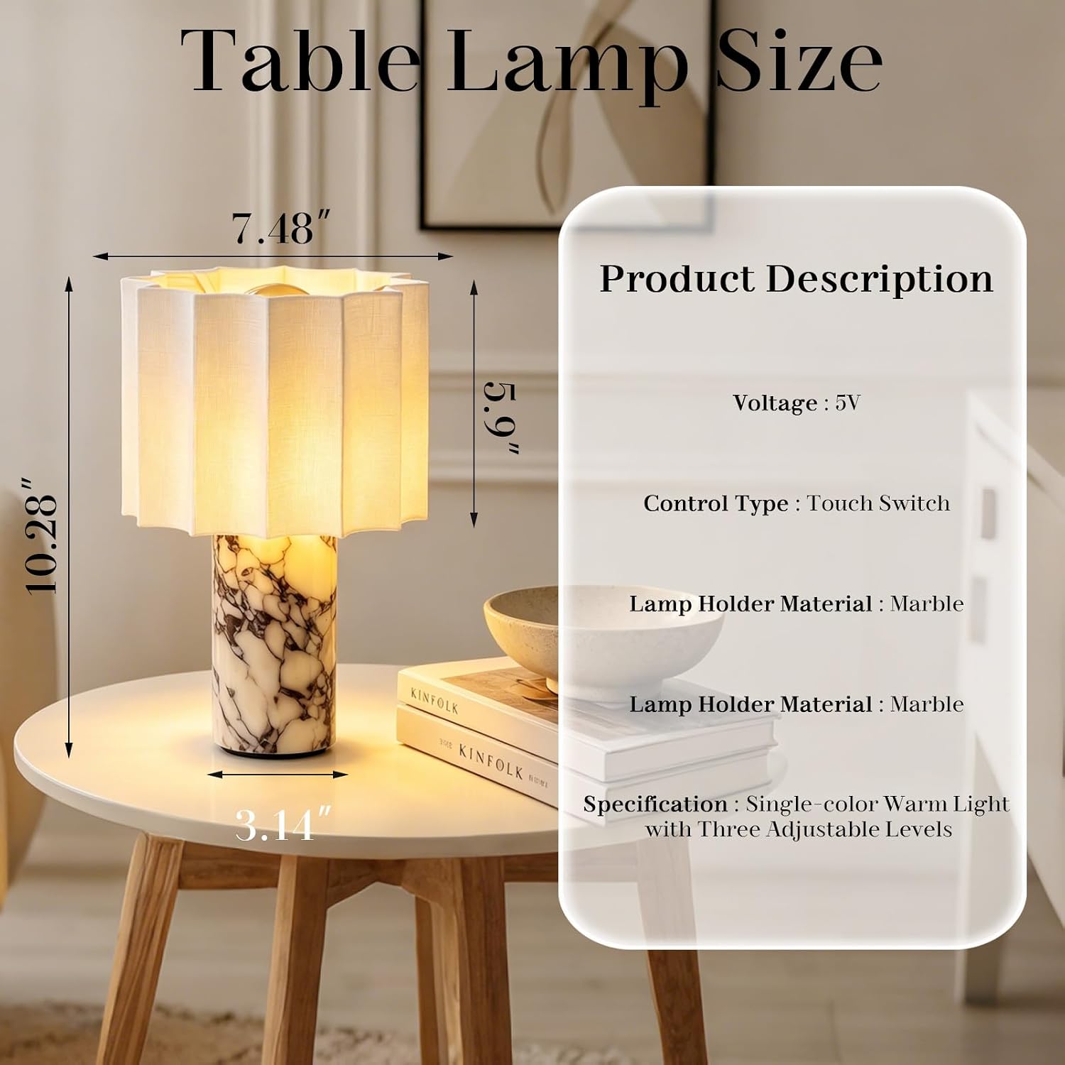 Marble Touch Cordless Table Lamp Linen Shade