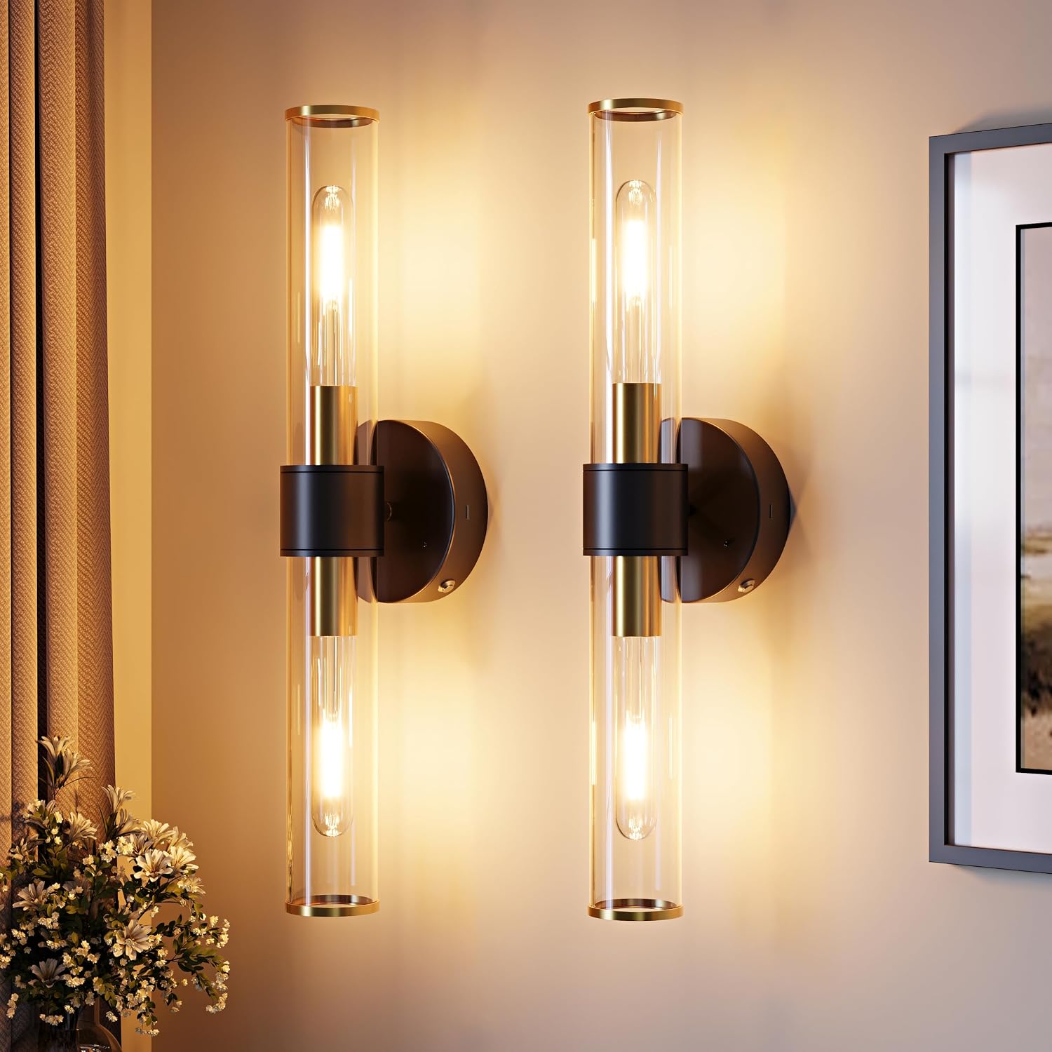 Wall Sconces Black Gold Set of Two With Remote