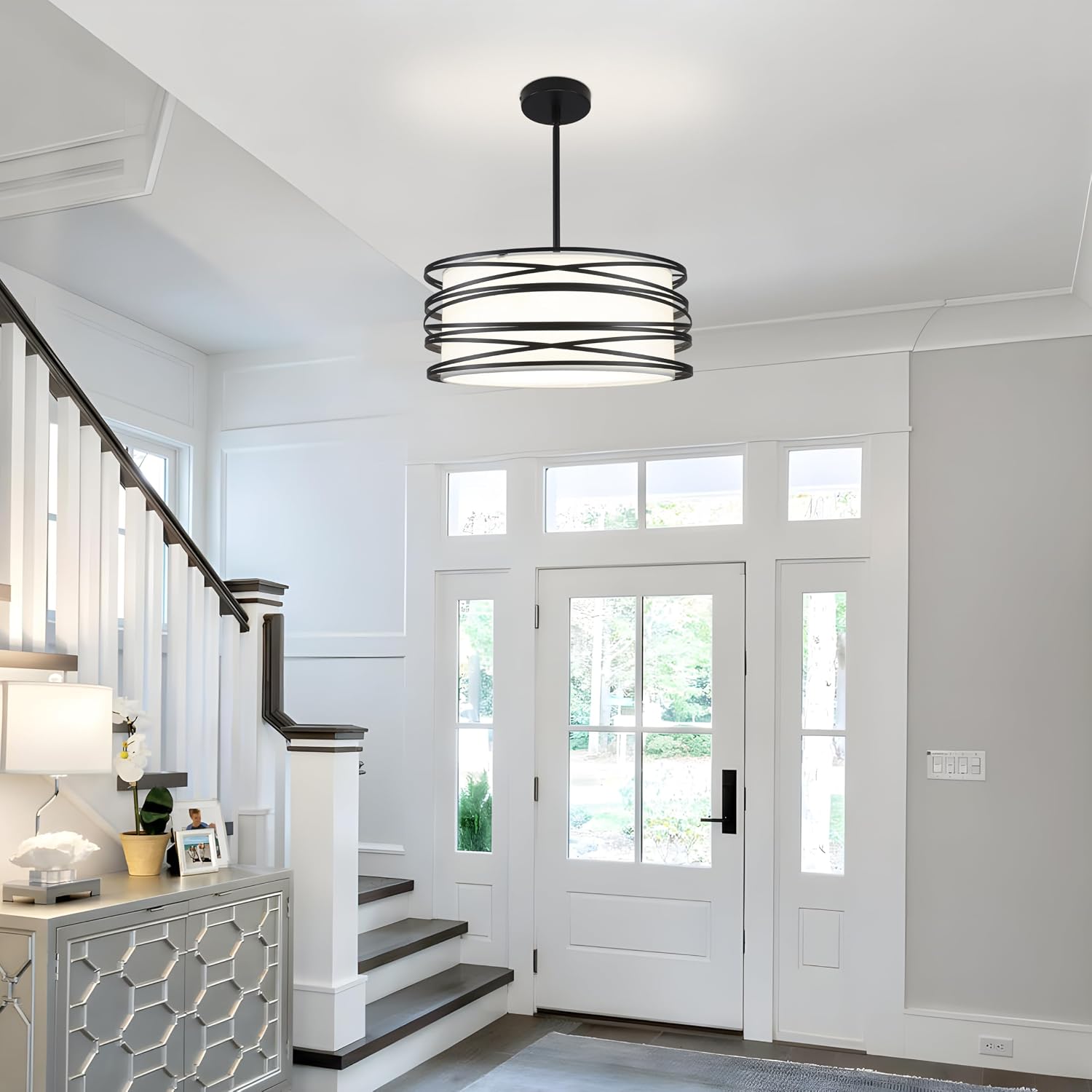 Black Drum 3-Light Fabric Shade Pendant Light