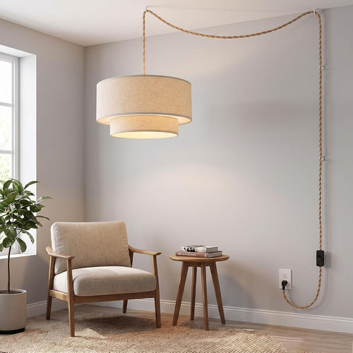 2-Tier Drum Linen Plug In Pendant Light