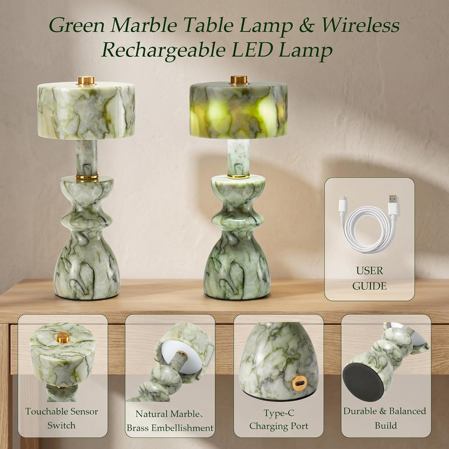 Green Jade Marble Cordless Touch Table Lamp