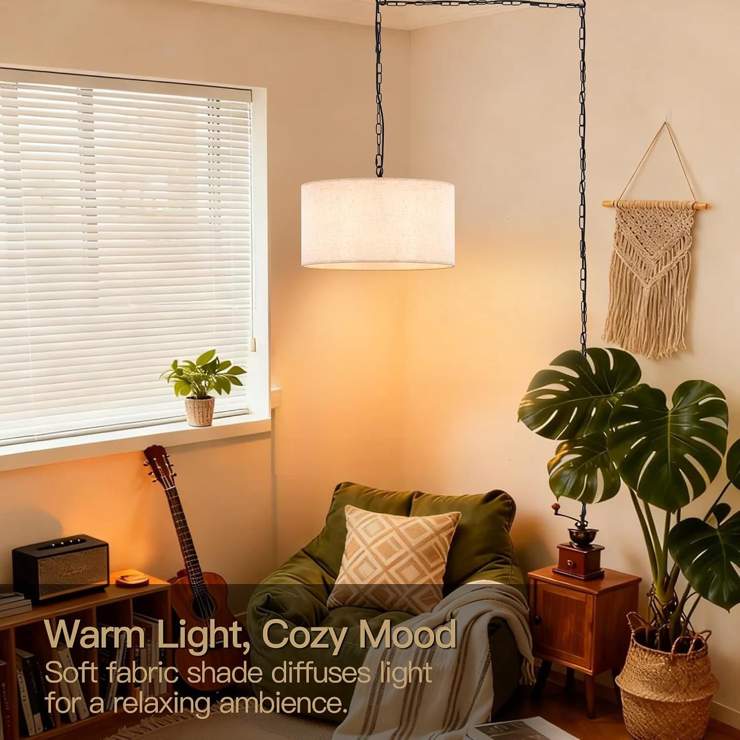 3-Light Linen Drum Plug In Pendant Light