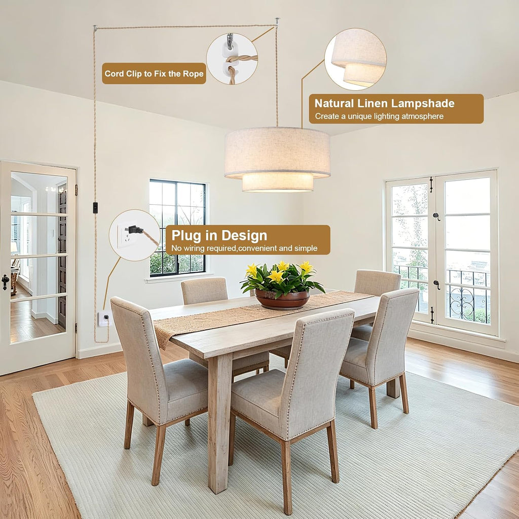 2-Tier Drum Linen Plug In Pendant Light