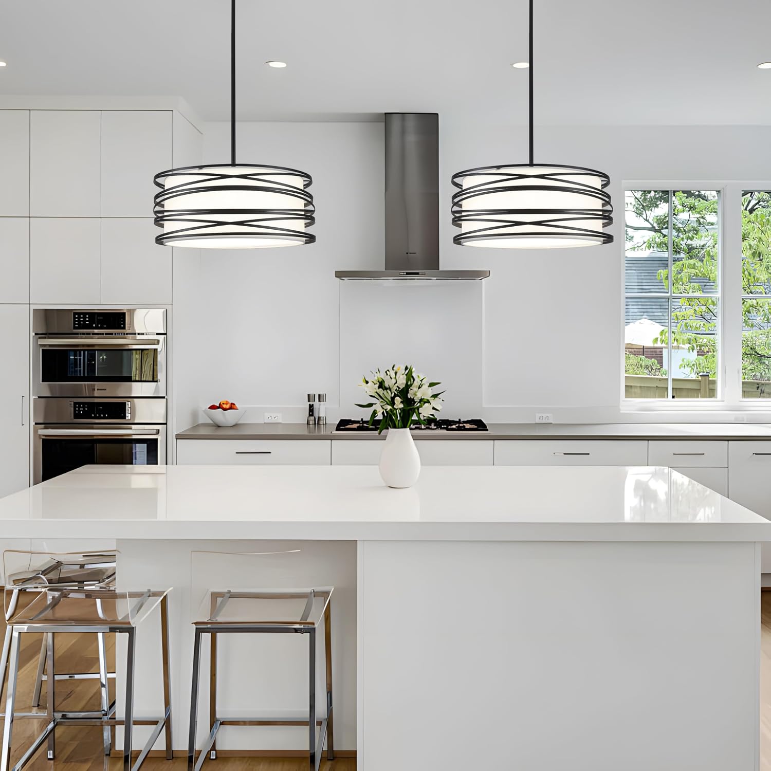 Black Drum 3-Light Fabric Shade Pendant Light