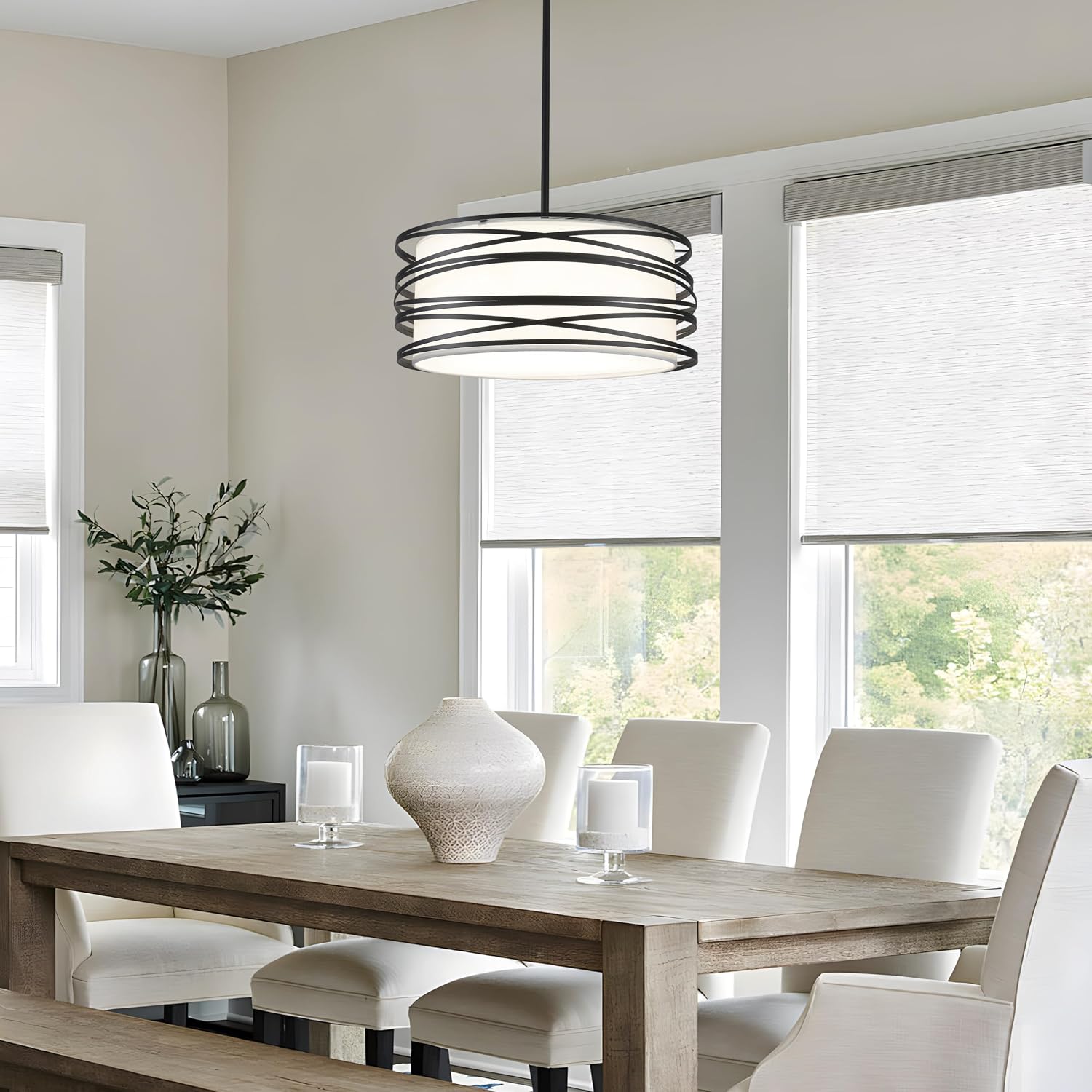 Black Drum 3-Light Fabric Shade Pendant Light