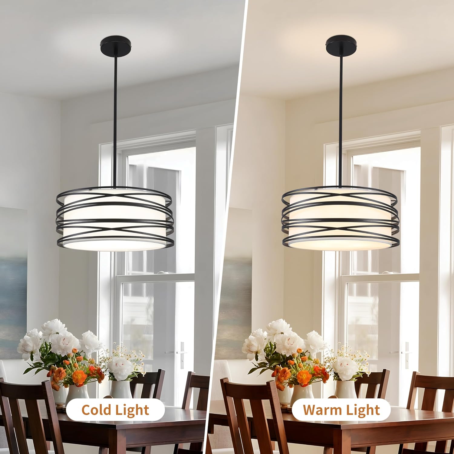 Black Drum 3-Light Fabric Shade Pendant Light