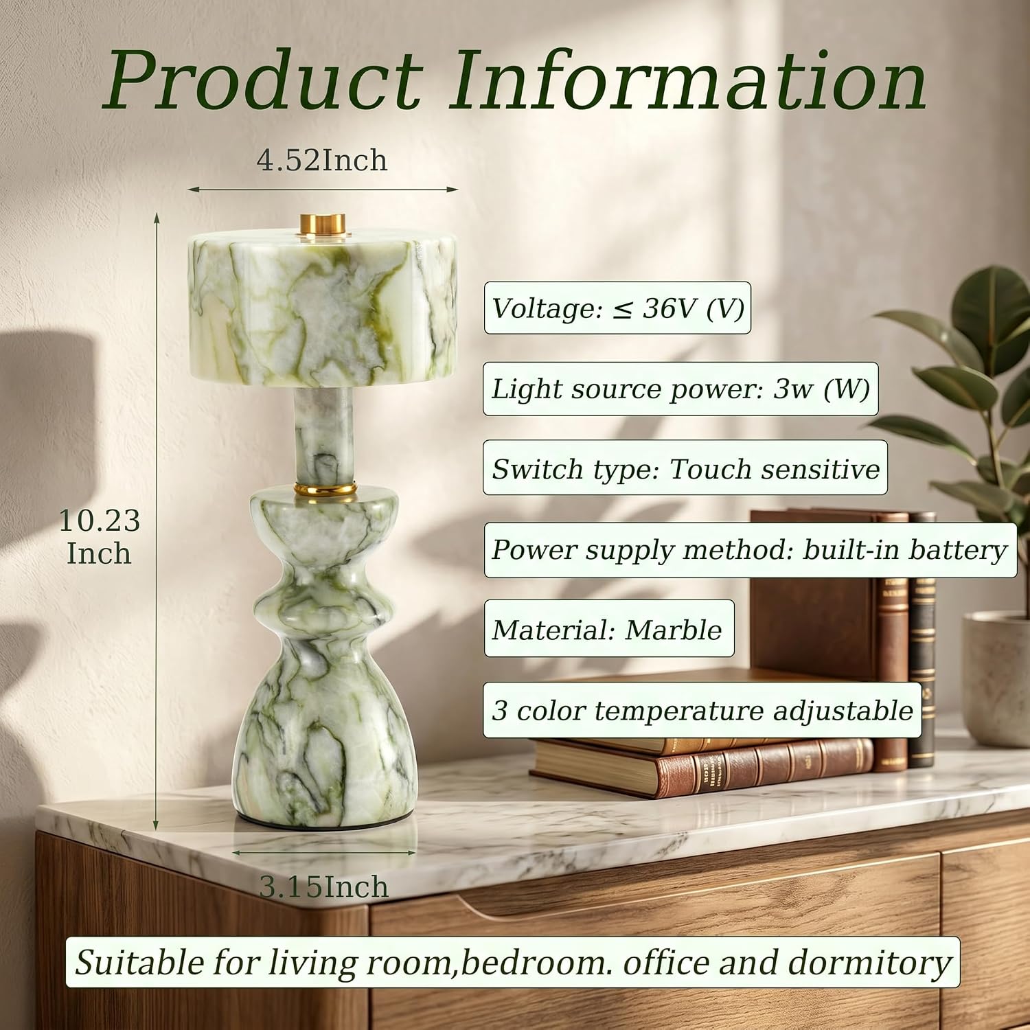 Green Jade Marble Cordless Touch Table Lamp