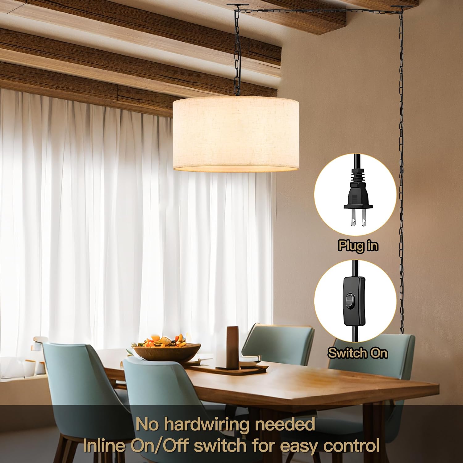 3-Light Linen Drum Plug In Pendant Light